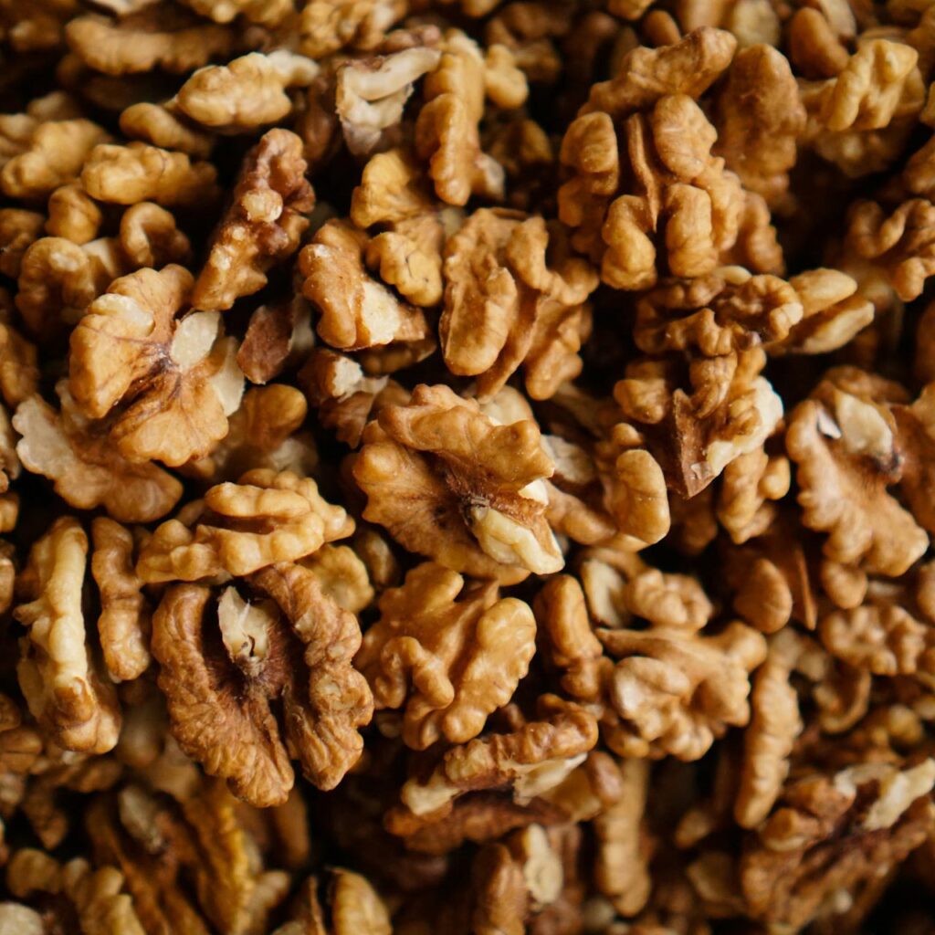 Close-up of shelled walnuts power food